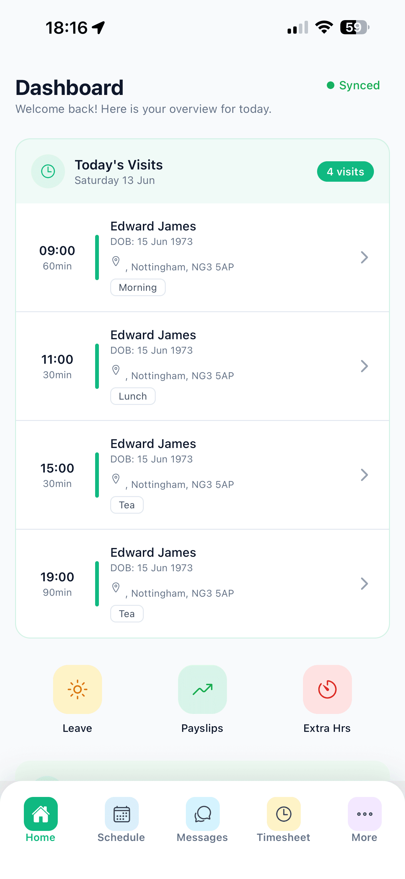 Carionex carer app showing today's visits on a mobile dashboard