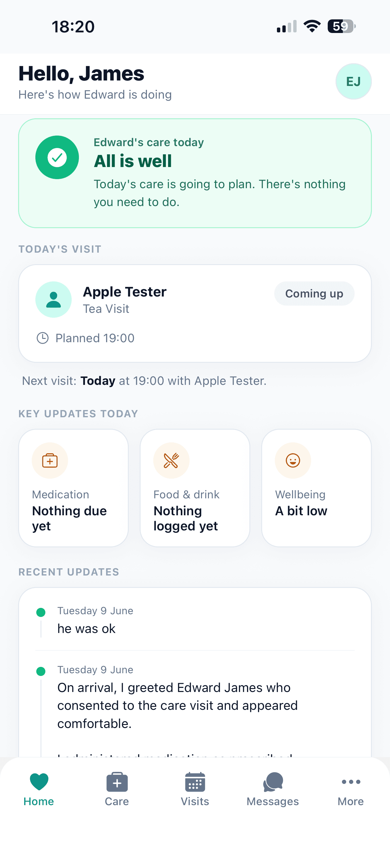 Carionex family app showing real-time care updates for a loved one