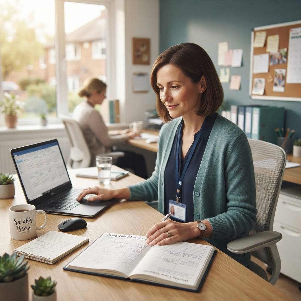 Care coordinator managing visit schedules on a laptop in a UK care agency office