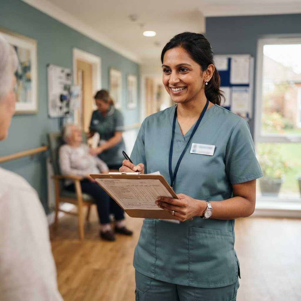Care professional reviewing a CQC compliance checklist in a bright care home