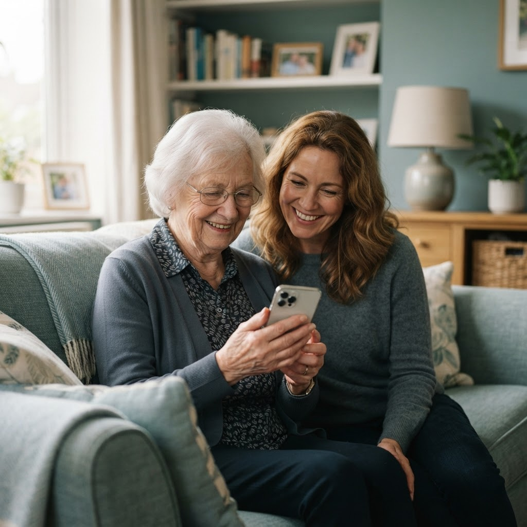 Family members viewing daily care updates together on a smartphone at home