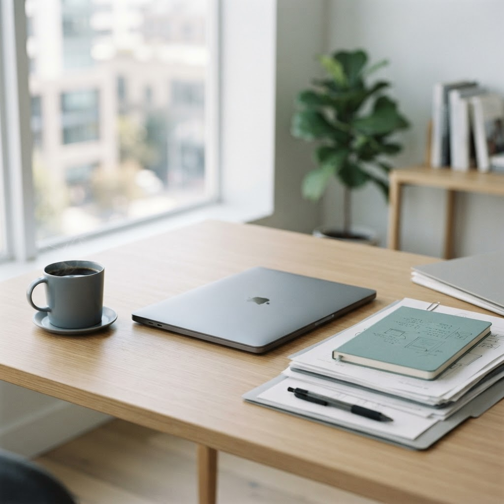 Care agency invoicing paperwork and a laptop on a bright office desk