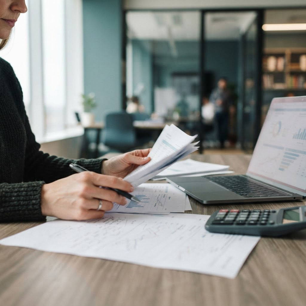 Finance manager reviewing care agency payroll figures at a desk with a laptop