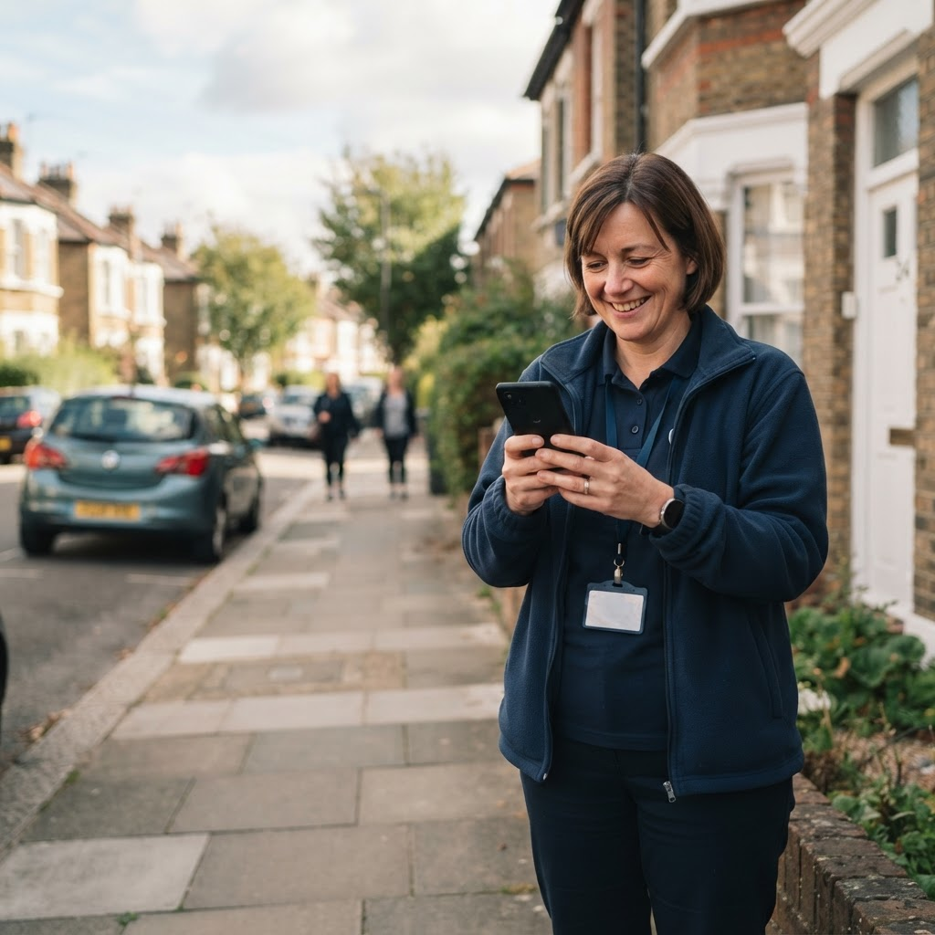 Home care worker using the Carionex carer mobile app on a smartphone between visits