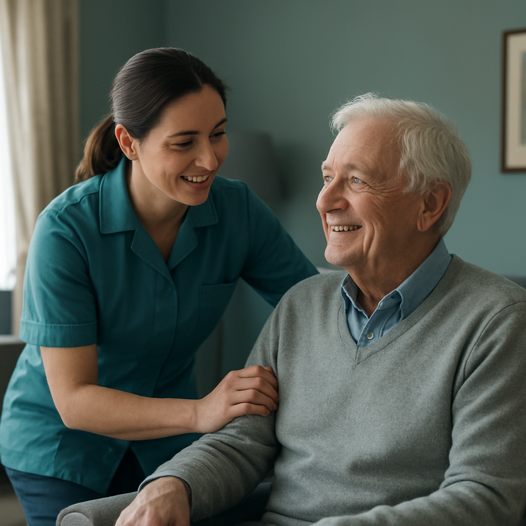 Care worker supporting a smiling elderly man in his home living room